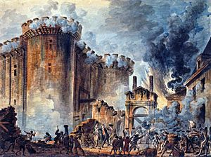 Toma de la Bastilla, cuadro de Jean-Pierre Louis Laurent Houel (1735-1813)En el centro se aprecia el arresto del marqués de Launay.